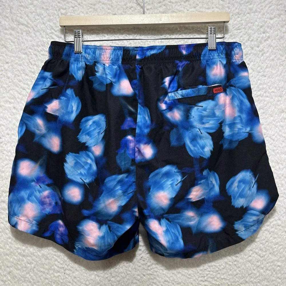 Hugo Boss‎ Men's Size XL Blue Floral Printed Drawstring Swim Mesh Shorts Logo